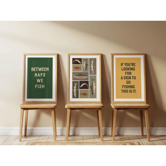 Lake House Art Retro Outdoors Art Fishing Cabin Wall Decor Set 3 Unframed Paper Print 8x12