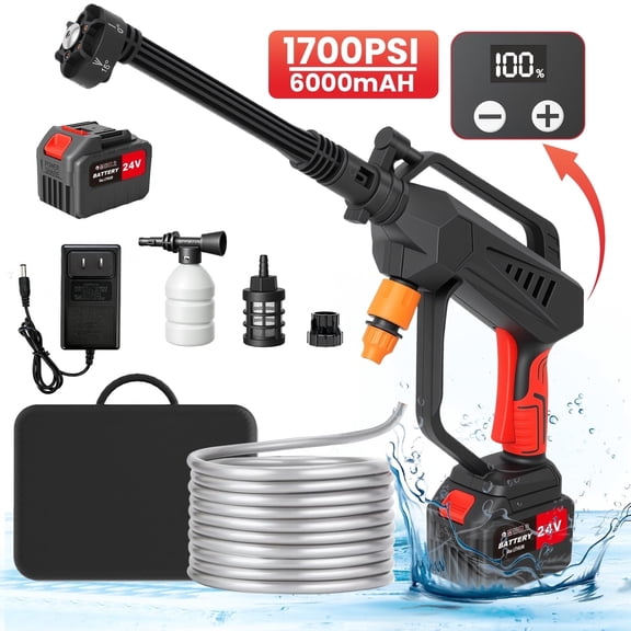 Cordless Pressure Washer, 1700PSI 24V Hand Held Power Washer with LED Display , 6Ah Battery & 6-in-1 Nozzle, for Cars/Patios, Black