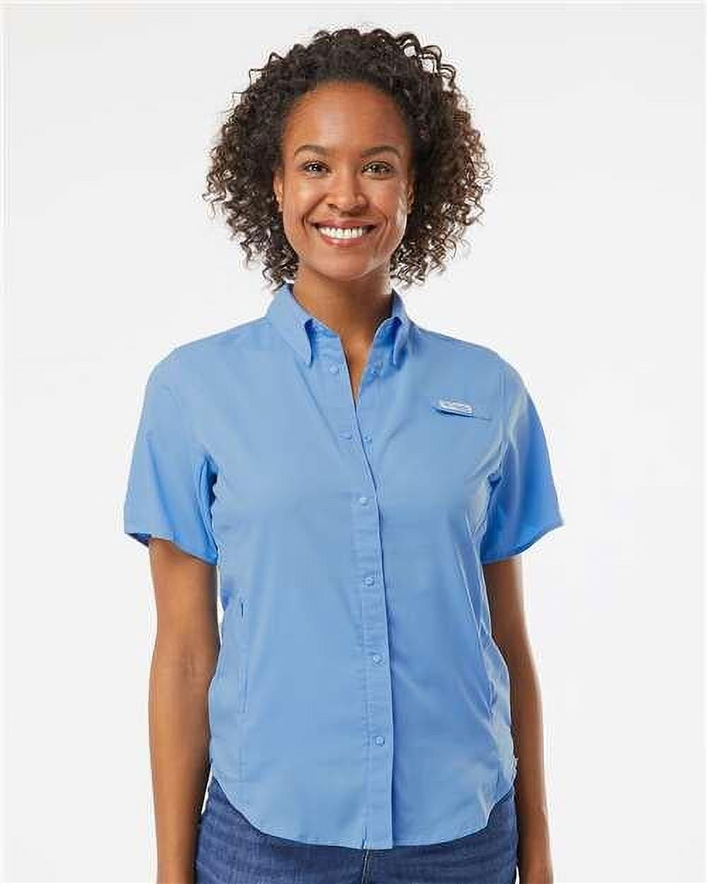 Columbia Women's PFG Tamiami Short Sleeve Shirt in White Cap Blue