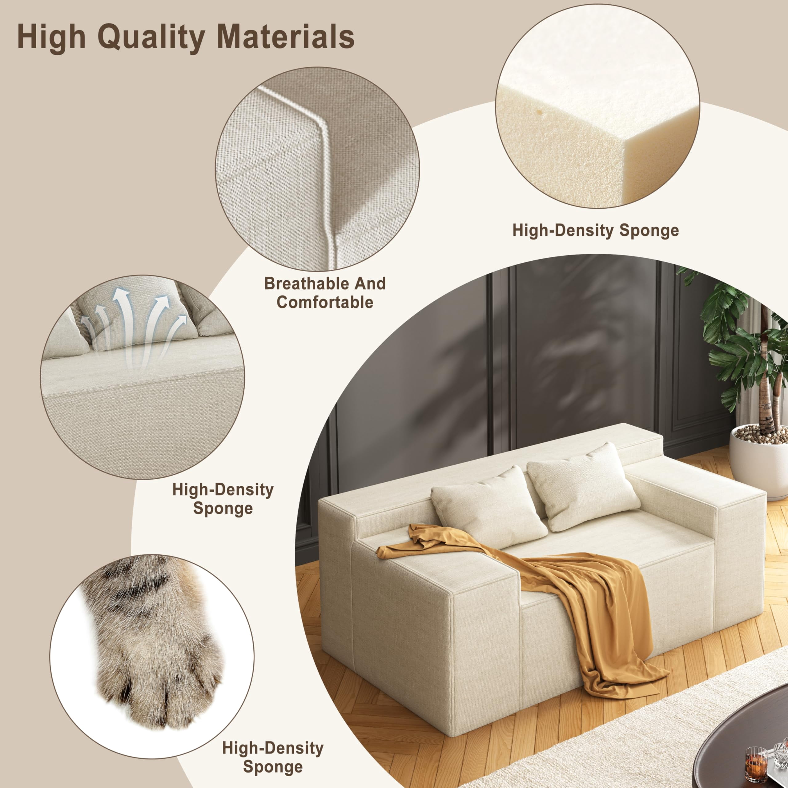 Modern Loveseat, Sofa Couch in a Box, No Assembly Needed, with 2 Pillows, Cat-Scratch Resistant Linen,Small Sofa for for Small Space, Living Room, Bedroom,Beige