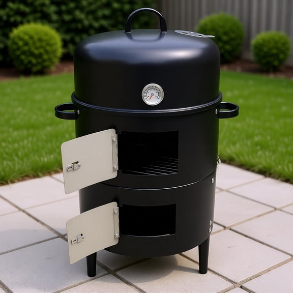 17In Steel Charcoal Smoker Heavy Duty Round BBQ Grill 453sq in Cooking Area Dual Cooking Grids Built in Thermometer Adjustable Air Vents Water Pan Charcoal Pan for Outdoor Backyard Smoking Grilling