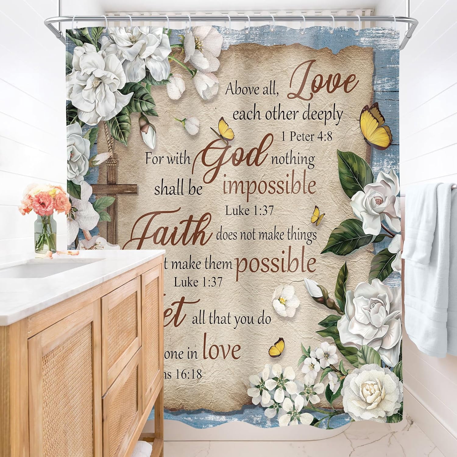 Bible Verse Floral Shower Curtain Christian Scriptures White Flower Inspirational Quote Rustic Plant Artwork Cloth Fabric Waterproof Polyester Bathroom Decor Set with Hooks-72"W x 78"L (Pack of 1)