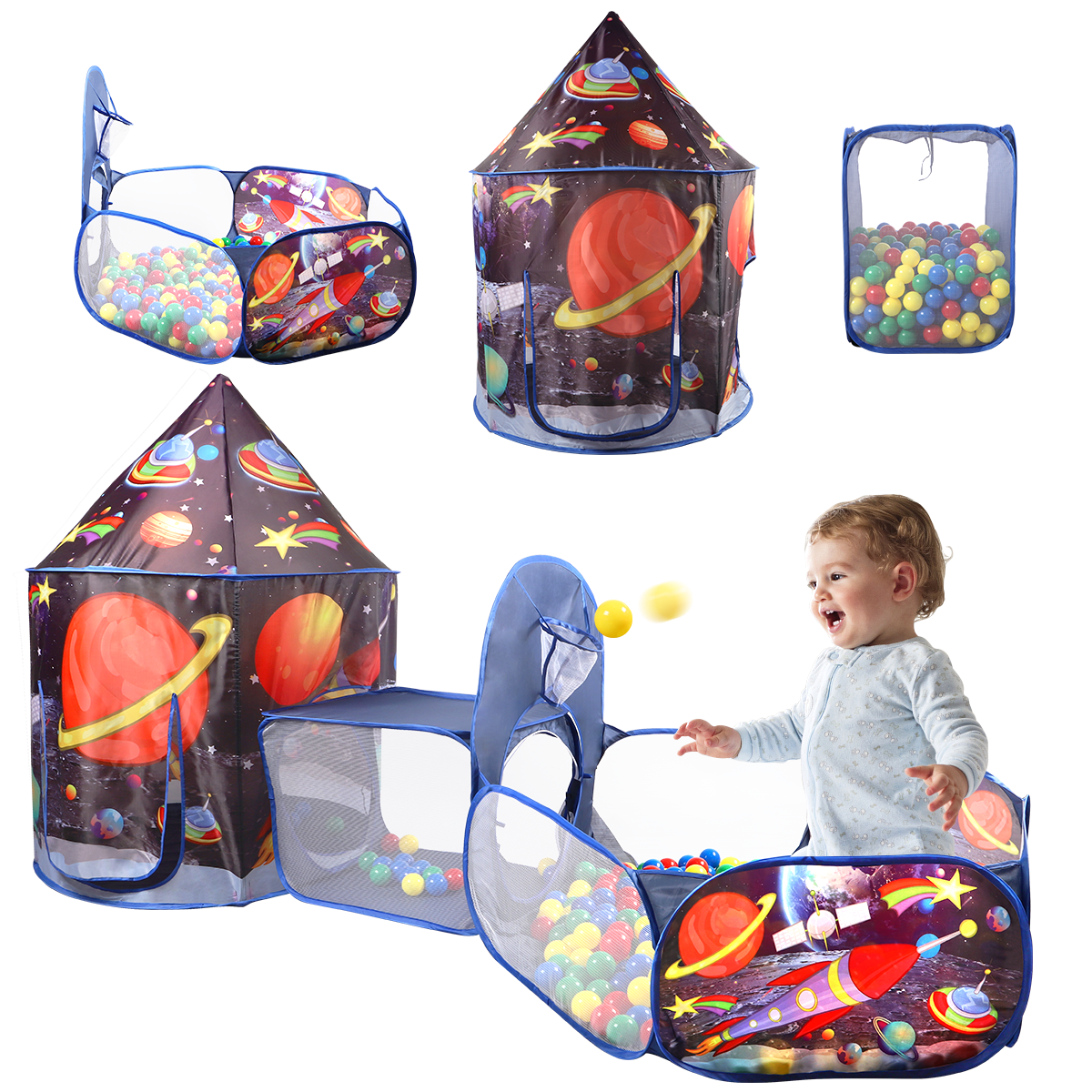 GILOBABY 3 in 1 Space World Kids Play Tent with Play Tunnel, Ball Pit, Basketball Hoop for Boys Girls