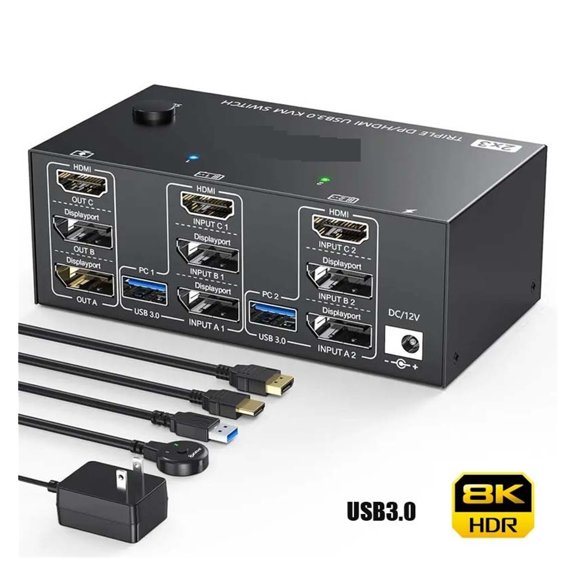 Triple Monitor Displayports USB KVM Switch 8K@60Hz 4K@144Hz 3 Monitors 2 Computers KVM