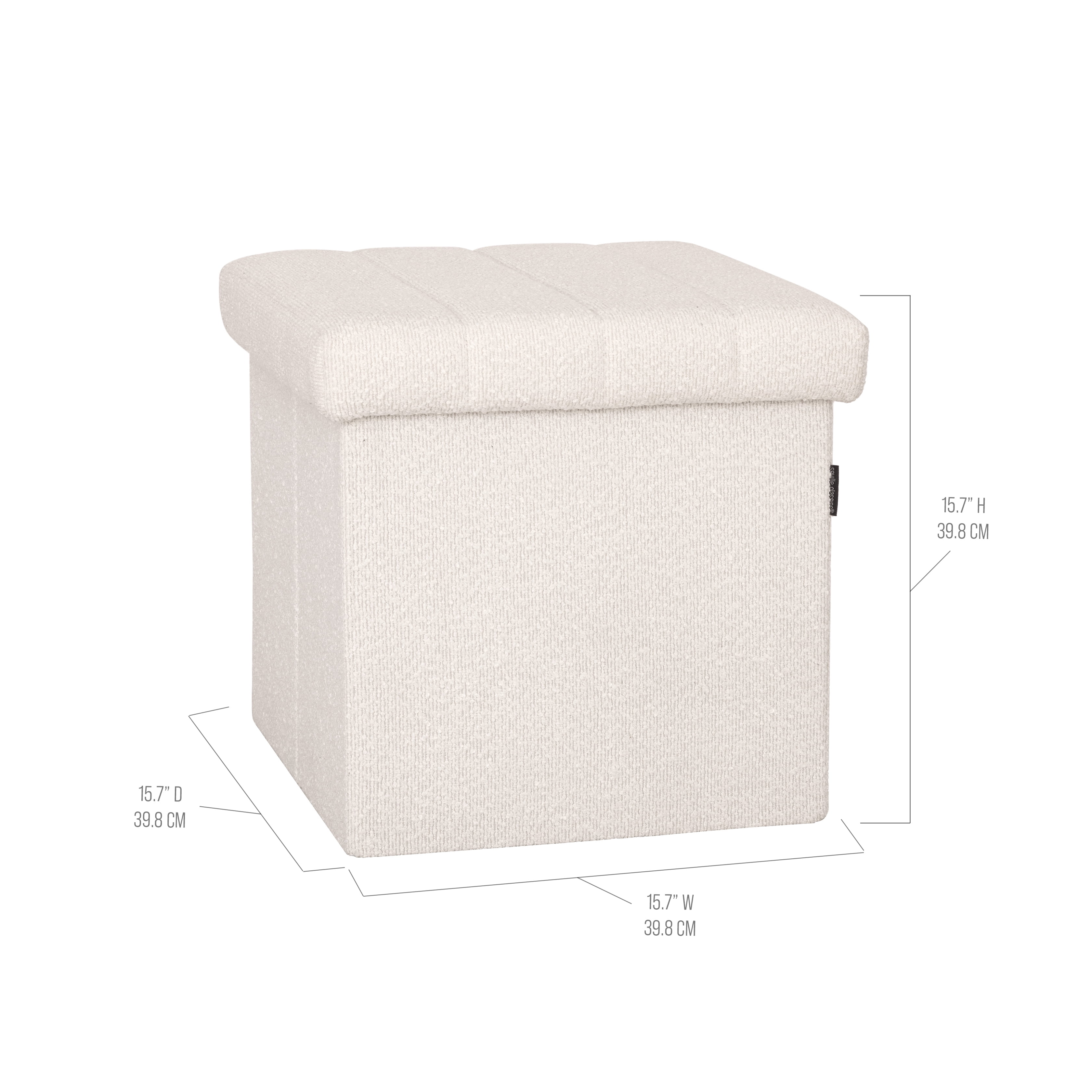 Seville Classics Cushioned Fabric Ottoman Hidden Storage Chest Footrest Chair for Bedroom, Dorm, Loft, Living Room, Entryway, Hallway, White Boucle, 15.7" Cube