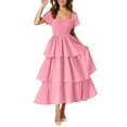 thumbnail image 2 of QingYiHua Elegant Dresses for Women Wedding Guest Summer Boho Maxi Dress Short Puff Sleeve Flowy A Line Tiered Beach Vacation Long Dresses,Pink, 2 of 9