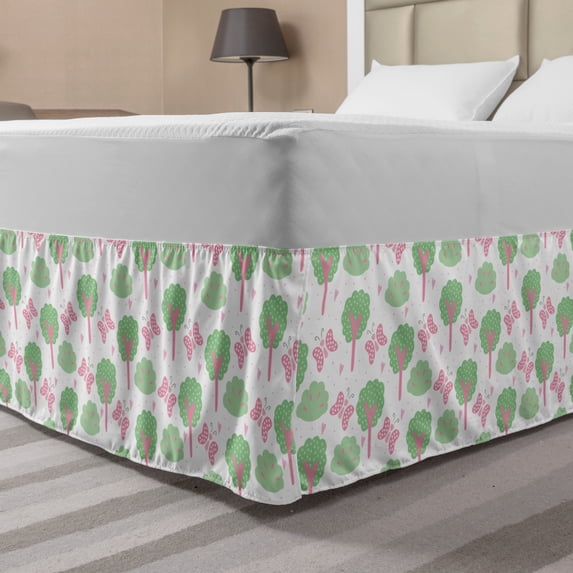Forest Bed Skirt, Nursery Style Trees Bushes and Flying Butterflies with Polka Dots, Elastic Bedskirt Dust Ruffle Wrap Around for Bedding Decor, 4 Sizes, Pink and Pale Green, by Ambesonne