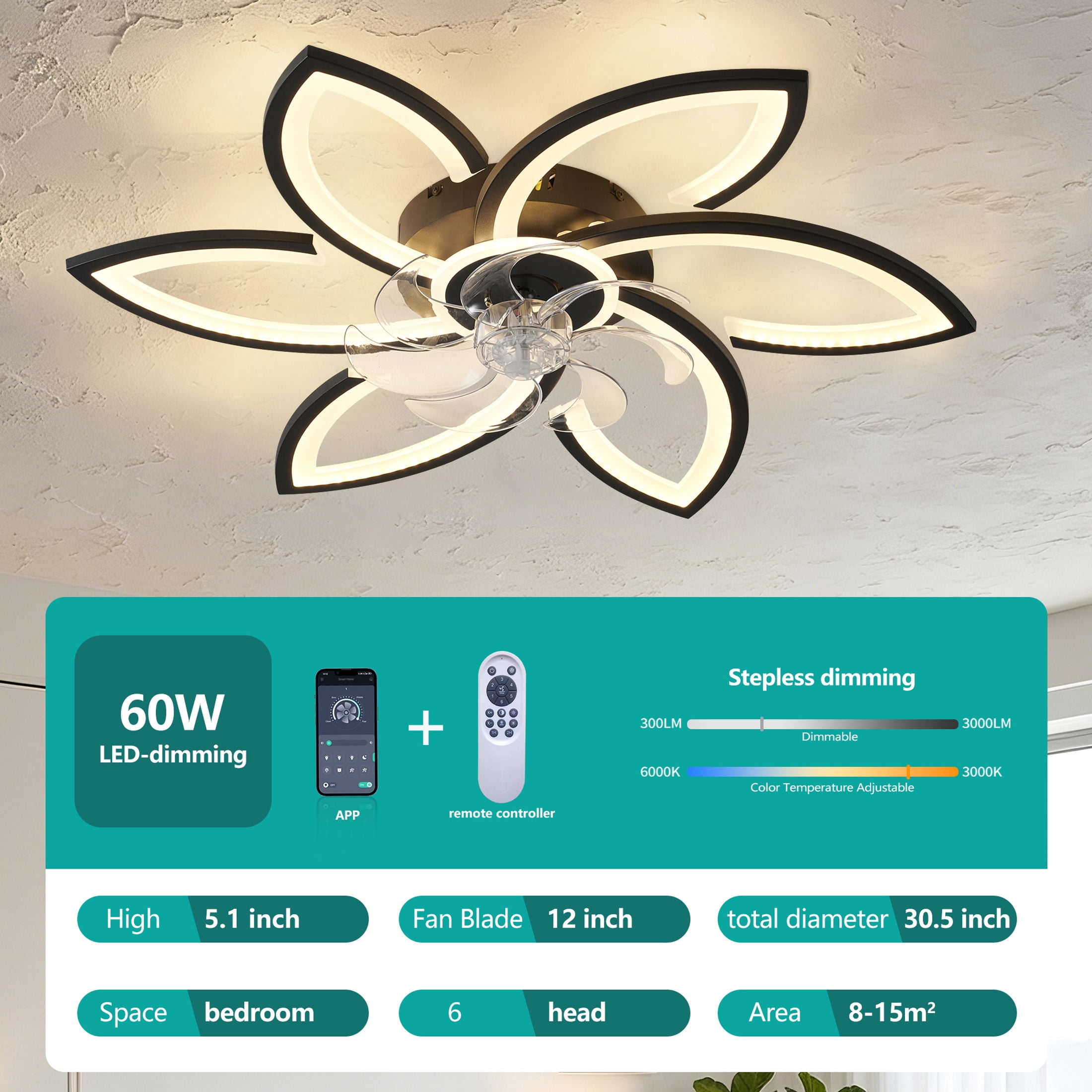 GDF Studio 6-Head Flower Ceiling Fan with LED Lights, Remote & App Control, Low Profile Fandelier for Home Decor, Black