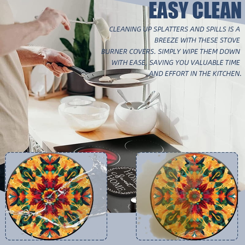 Round Gas Stove Burner Covers, Retro Floral Boho Style Gas Stove Burner Covers Set of 4 for Dining Room Cooktop Decorative, Kitchen Decor, 8 Inches and 10 Inches