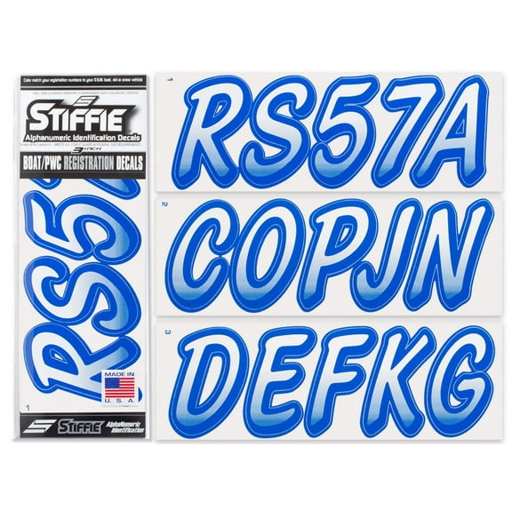 STIFFIE Whipline White / Blue 3" Alpha-Numeric Identification Custom Kit Registration Numbers & Letters Marine Stickers Decals for Boats & Personal Watercraft PWC