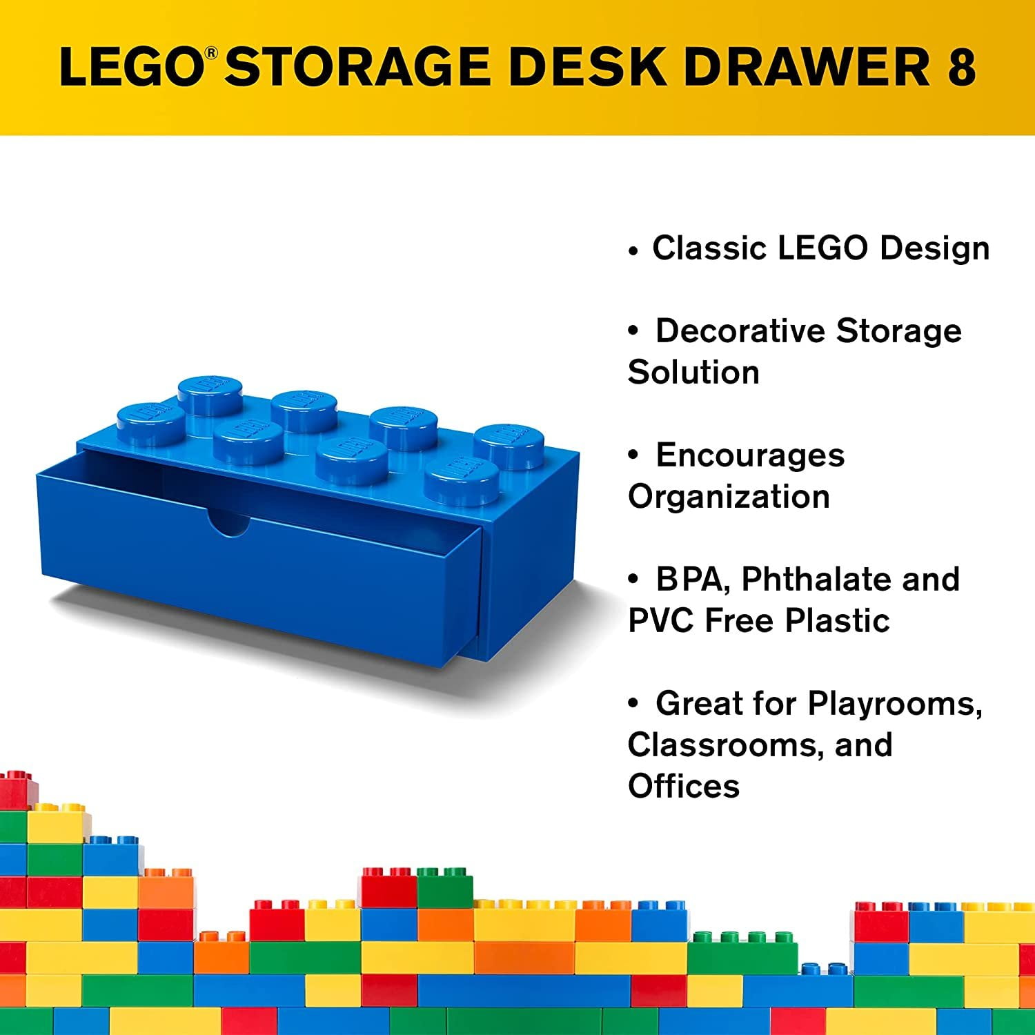 Room Copenhagen Lego Storage Brick 8 Desk Drawer, 8-Stud Stackable Tabletop Storage Box, 12.4 x 6.2 x 4.4 in, Bright Blue