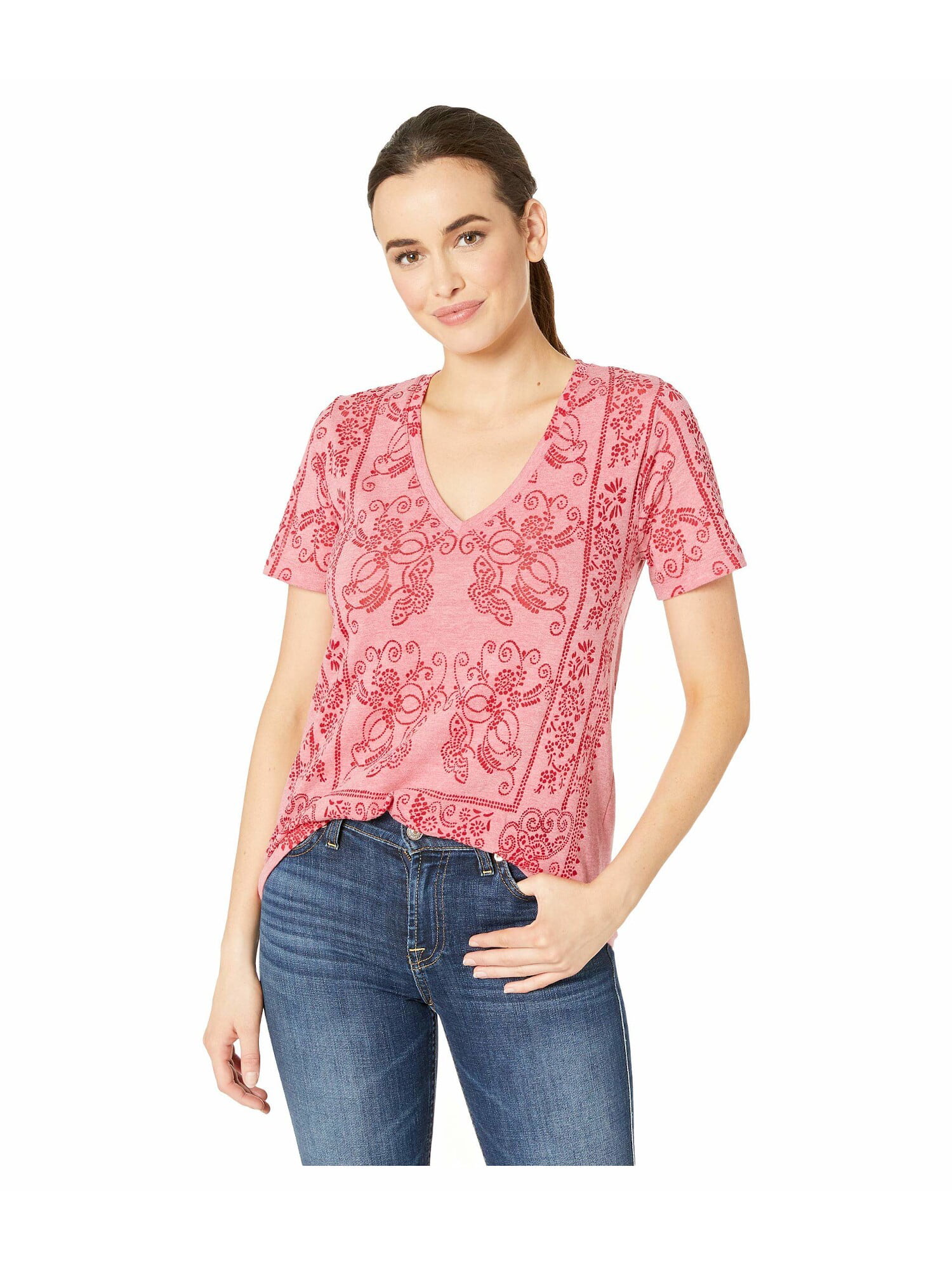 Lucky Brand - LUCKY BRAND Womens Pink Printed Long Sleeve V Neck T