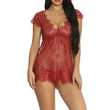 

Glonme Women Lingerie Set Lace Nightwear 2 Pieces Babydoll Club Teddy Chemise Backless Deep V Neck Sleepwear Wine Red XL