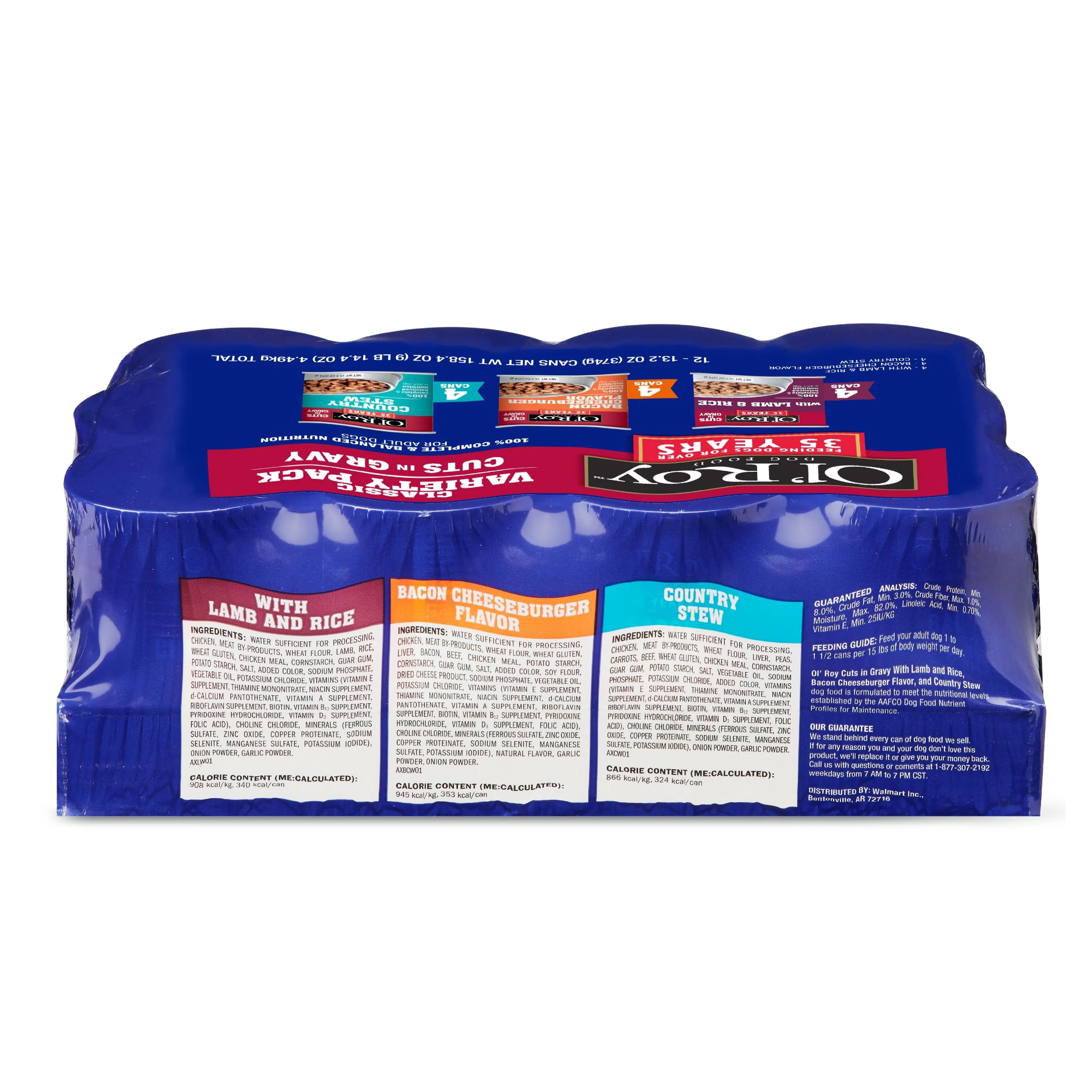 Ol' Roy Cuts in Gravy Wet Dog Food Variety Pack, Lamb & Rice, Bacon Cheeseburger and Packry Stew, 13.2 oz, 12 Pack