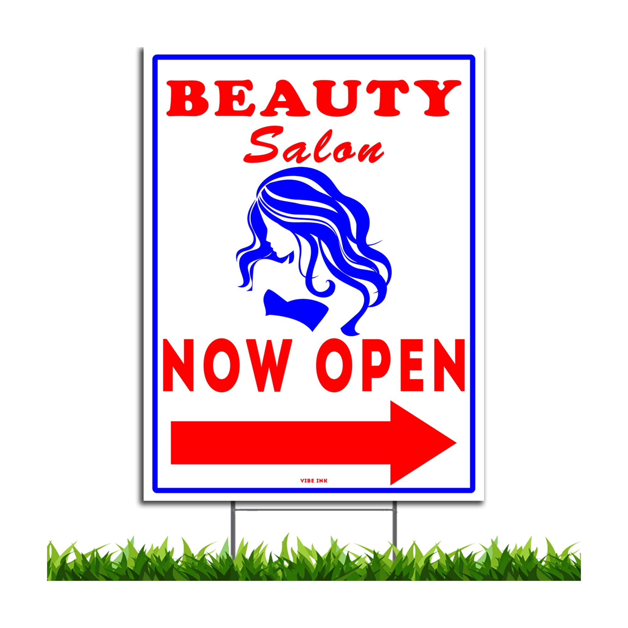 VIBE INK Beauty Salon Now Open with Directional Arrows 18" x 24" Blue & Red on White Plastic