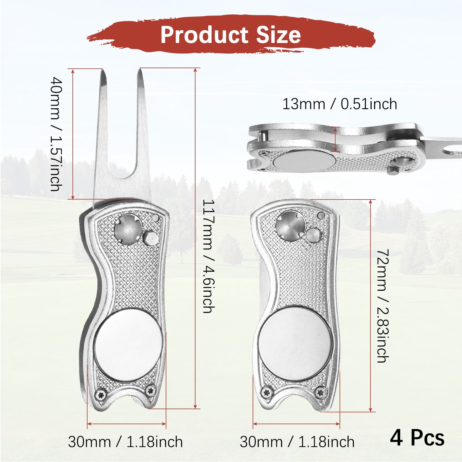 Uxcell Golf Divot Repair Tool [4PCS] - Switch Foldable Divot Tool Rack with Magnetic Ball Marker - [Silver] Green Fork Tines