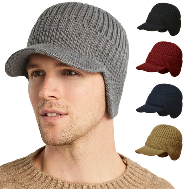 Noyal 1 Pack Mens Winter Fleece Lined Knit Newsboy Cap Slouch Beanie Hat w/ Visor & Earflaps