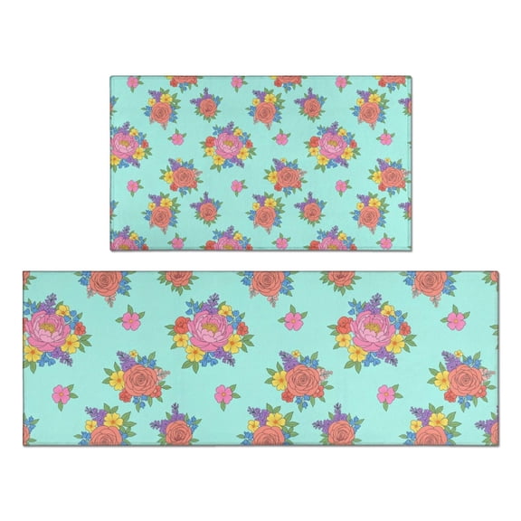 Pioneer Flower Floral Print Pattern Kitchen Rugs Sets Of 2, Anti Fatigue Non Slip Washable Floor Mats for Kitchen Sink Laundry, 17X30 Inch 17X47 Inch