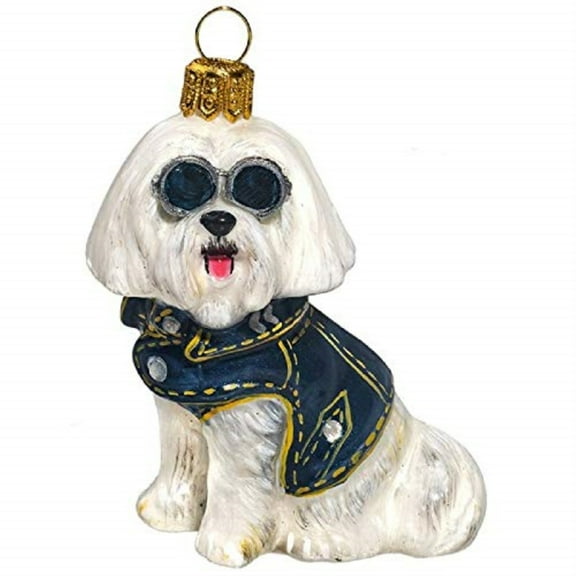 Maltese with Denim Jacket and Sunglasses Polish Glass Dog Ornament
