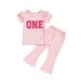 thumbnail image 2 of Aojekbee Baby Girl 2Pcs Birthday Outfits Short Sleeve Letter Embroidery Tops + Flare Pants Set Toddler Clothes, 2 of 10