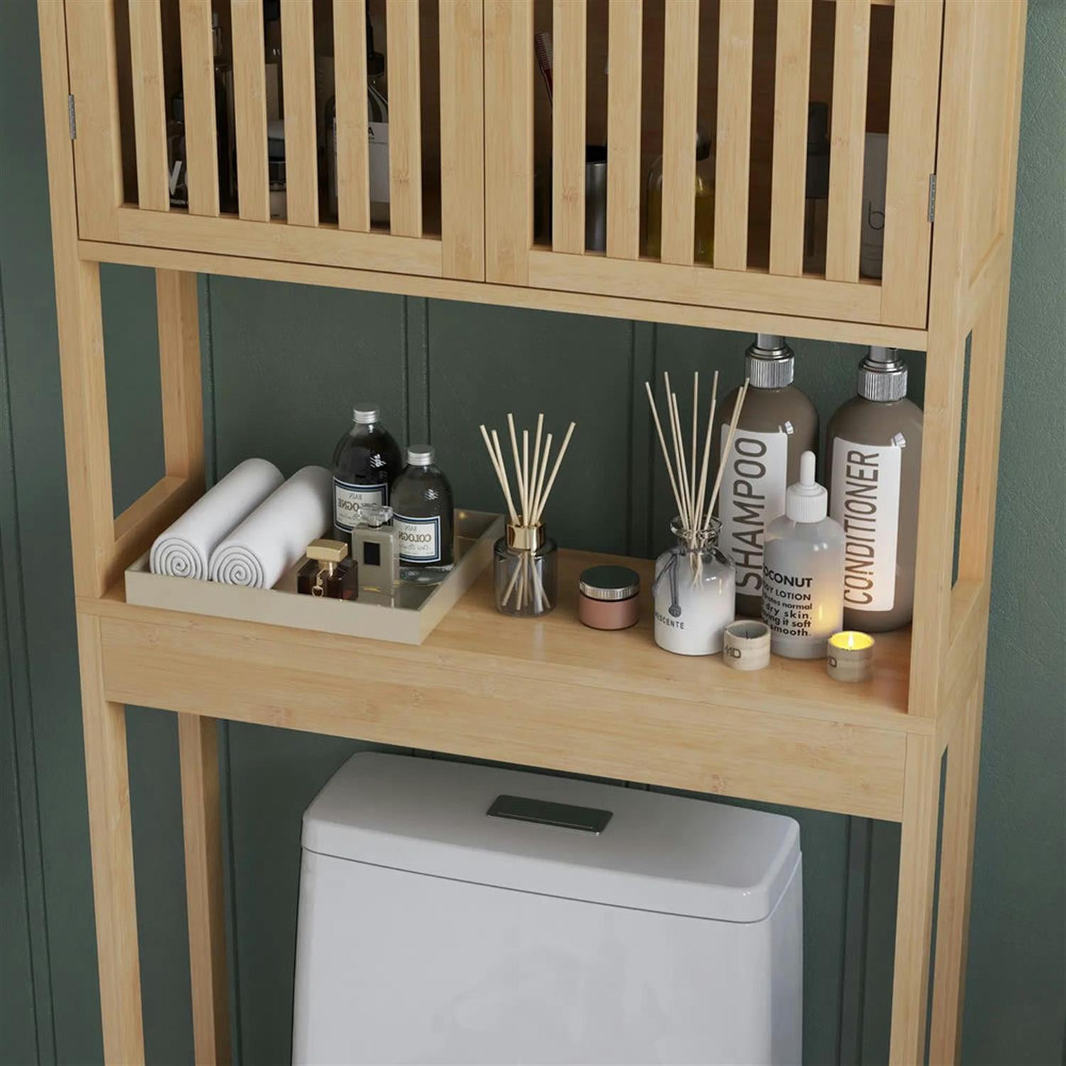 Demi Bonn 67" Bamboo Over The Toilet Storage Cabinet with Adjustable Shelves, Bathroom Shelf Over Toilet Rack, Bathroom Storage Cabinet Organizer, Brown