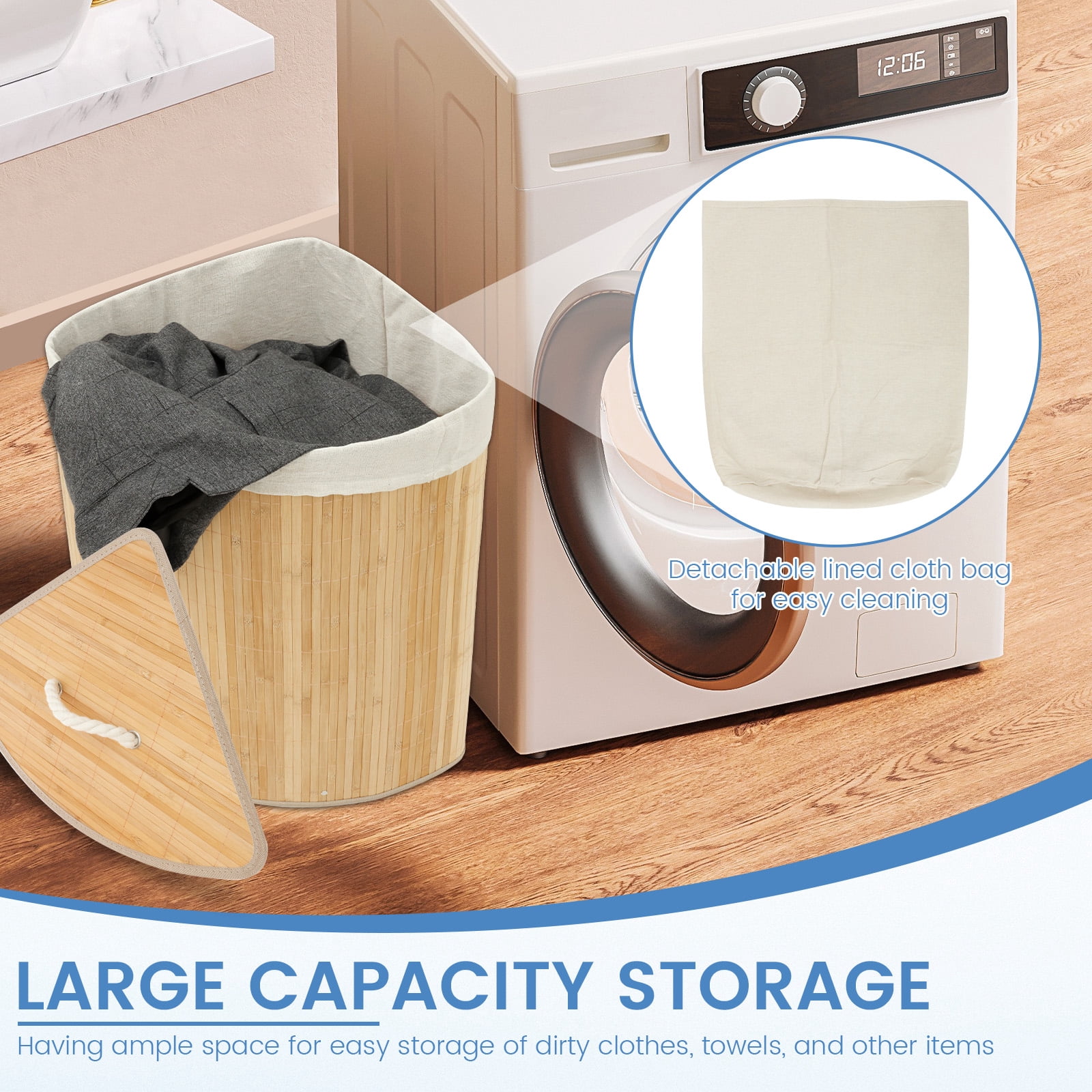 FKSZLL Laundry Hamper with Lid Laundry Basket Large Capacity Cloth Basket with Removable Liner Bamboo Hamper for Bedroom Bathroom