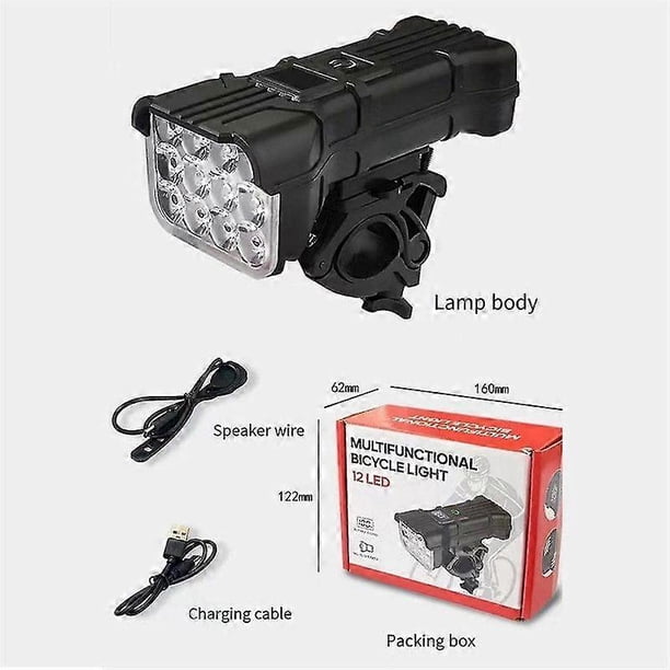Luz LED para bicicleta de 12 LED, recargable por USB, resistente al agua, con bocina y luz trasera.
