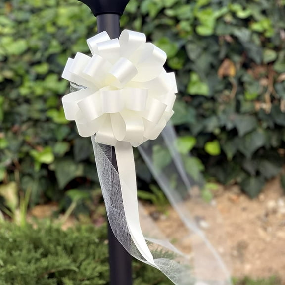 Ivory Wedding Pull Bows with Tulle Tails - 8" Wide, Set of 6, Pew Bows, Reception, Mother's Day, Event Decoration