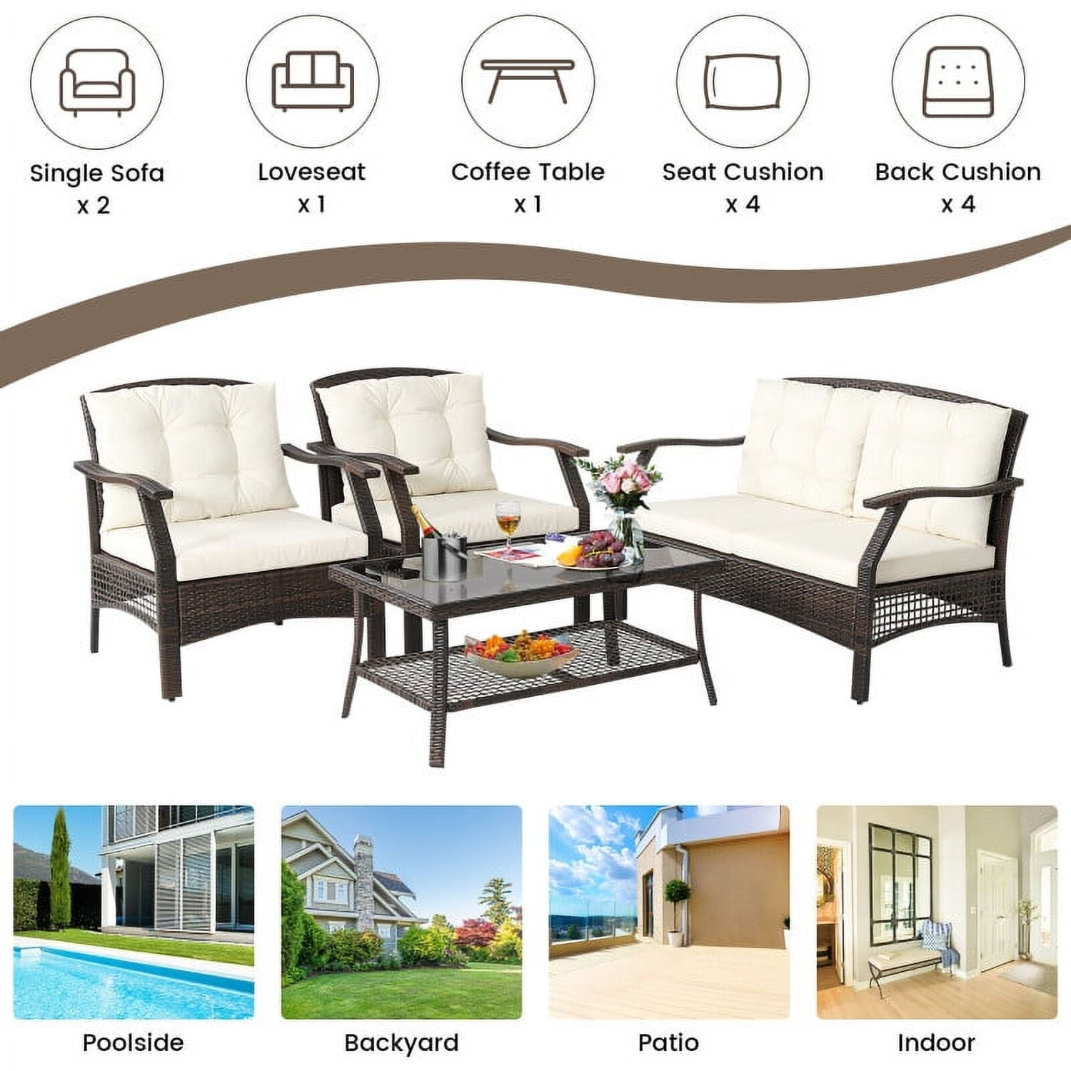 Aimee Lii 4 Pieces Outdoor Rattan Conversation Set, Outdoor Patio Furniture with Waterproof Cover, White