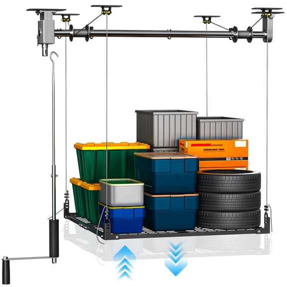 YOHKOH 4x4 FT Overhead Garage Storage Rack – Heavy-Duty Ceiling Lift System with Hand Crank & Secure Lock, Adjustable Storage for Workshop & Basement