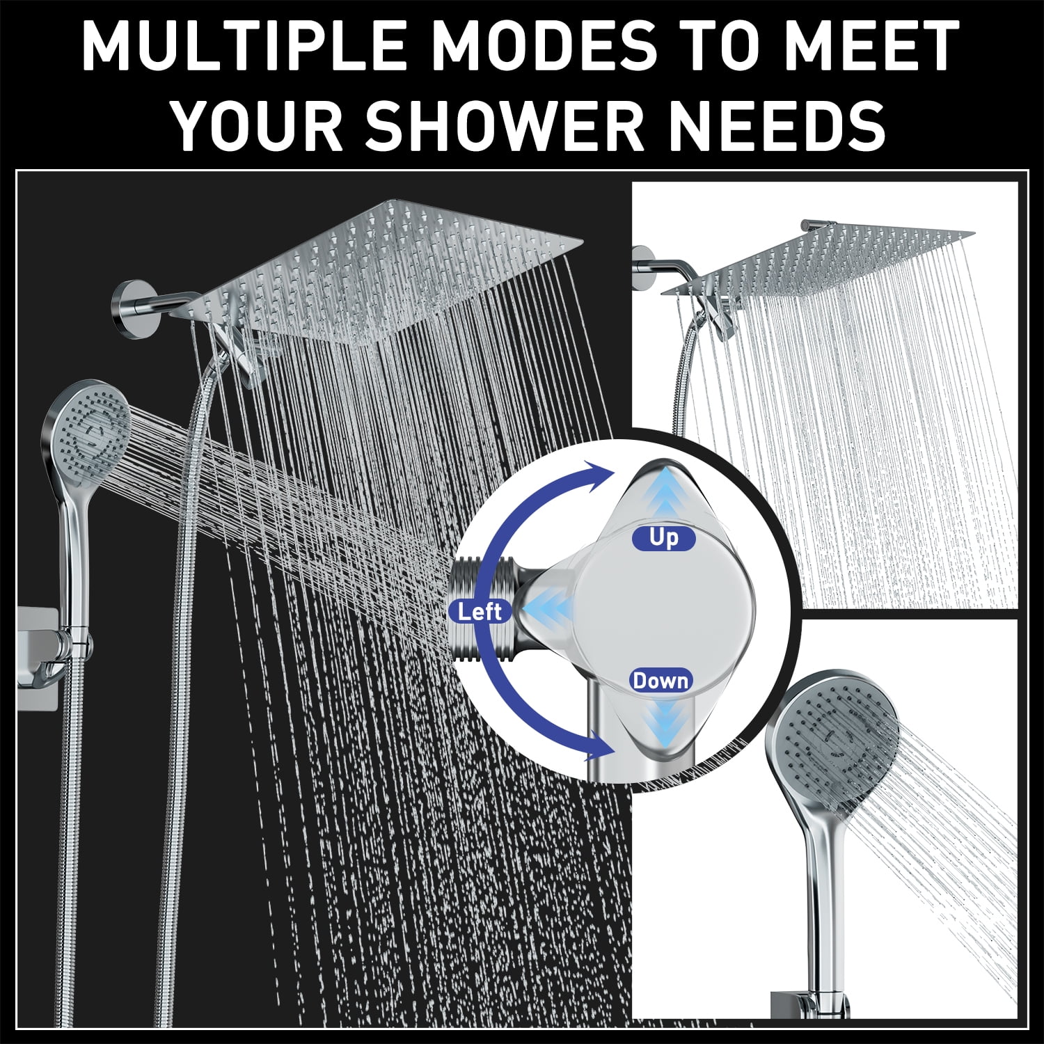 DTIG 12-Inch Rain Shower Head with 5 Settings, High-Pressure Handheld Showerhead, Bracket, and Hose, Silver