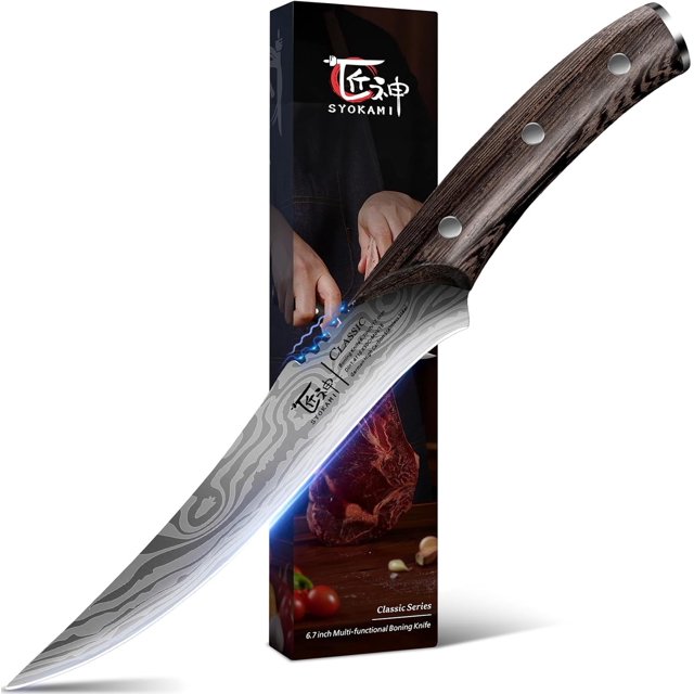 SYOKAMI Boning Knife for Meat Cutting, 6.7 Inch Japanese Style Fillet Knife with Wood Handle, High Carbon Razor Sharp Flexible Blade Deboning Knife, Damascus Pattern Full Tang Design Ideal for Gift
