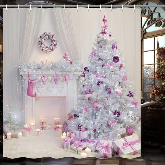 Christmas Shower Curtains for Bathroom, Christmas Tree with Pink Balls Xmas Gifts Fireplace Shower Curtain Set with 12 Hooks, Winter Holiday Decor Fabric Bathroom Curtains, 72x72 Inch
