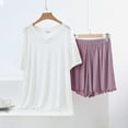thumbnail image 2 of WRKEKC Silk Pajamas for Women Summer Modal Lace Spliced Solid Color V-Neck Short Sleeve T Shirt Loose Short Pant Loungewear Two Piece Sleepwear Set, 2 of 3