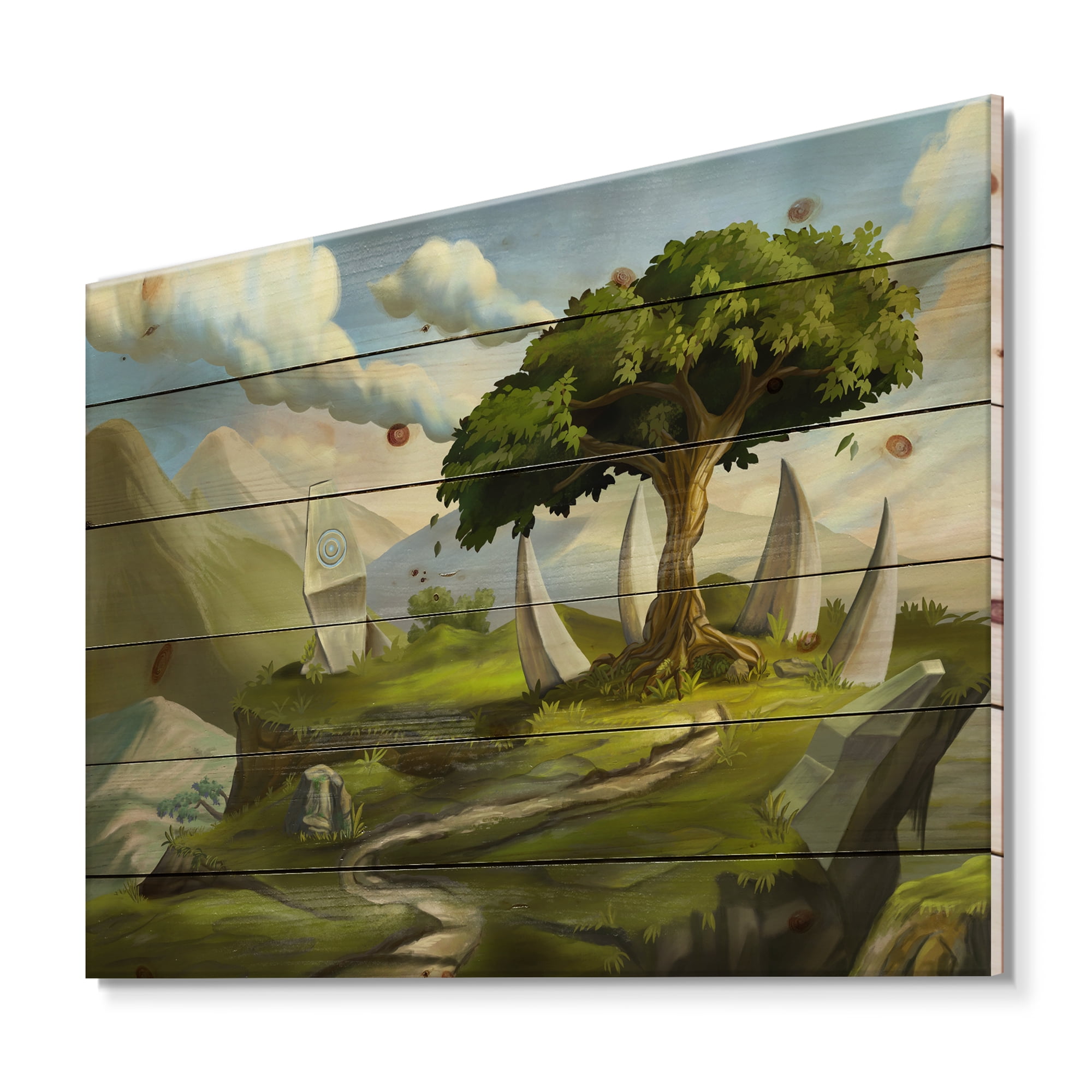 Designart 'Sacred Tree In A Fantasy Green Landscape' Traditional Print on Natural Pine Wood