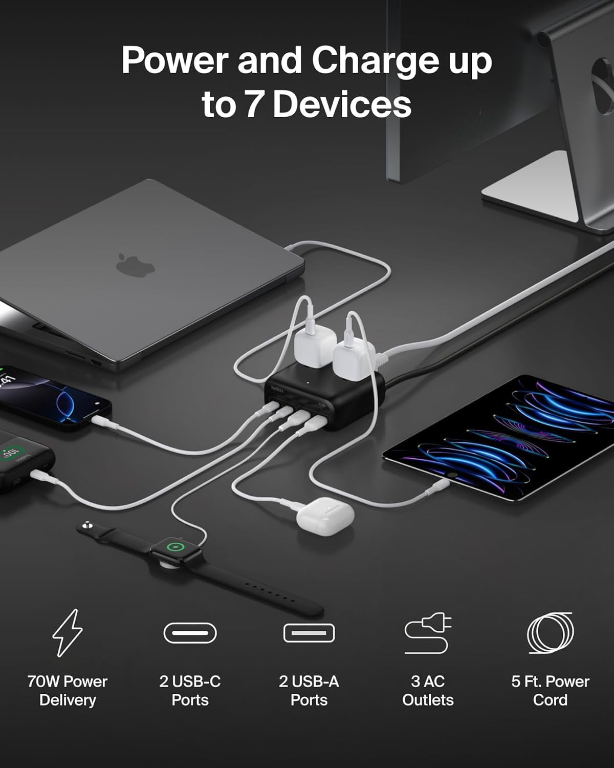 Belkin GaN Charging Station 70W, 7-in-1 Dual USB C Charger w/ 3X AC Outlets, 2X USB A Ports - Power Strip for iPhone, Apple Watch, iPad, MacBook, Chromebook, Samsung Galaxy, Pixel 10, & More - Black