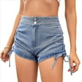 thumbnail image 2 of Shorts Vaqueros Ajustados Elásticos de Cintura Alta con Cordón y Fruncido para Mujer Azul S, 2 of 9