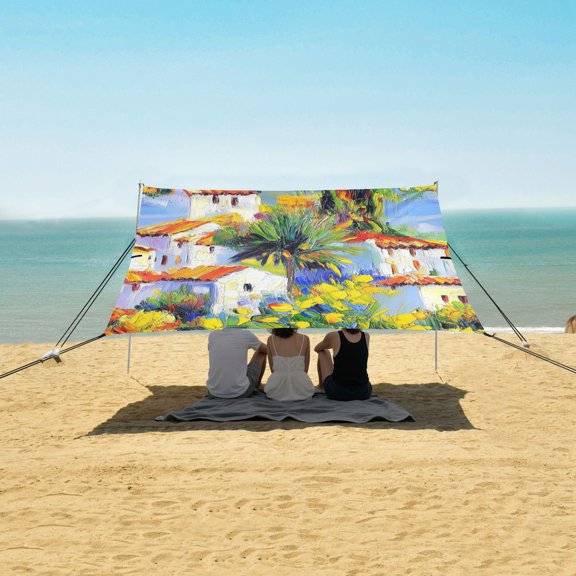 Beach Tent Beach Canopy 9.2x10.5Ft Beach Tent Sun Shelter Outdoor Canopy with Carry Bag for Camping, Backyard and Picnics White Houses with Red Roofs