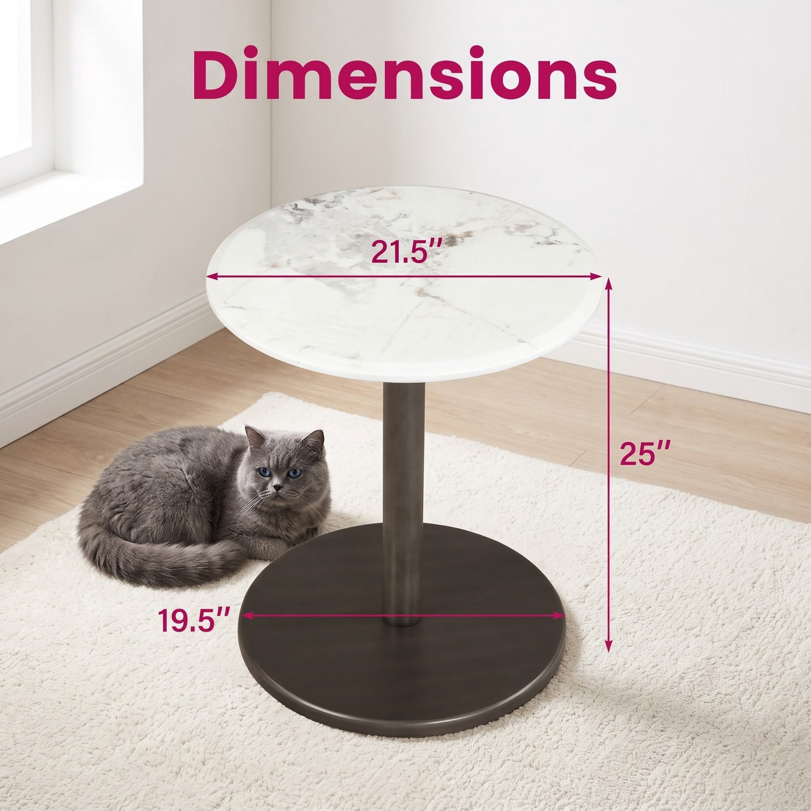 Furnibear Round Marble Side Table, Pedestal End Table with Genuine Stone Top and Solid Wood Base, Waterproof Accent Nightstand for Living Room Bedroom, White & Black