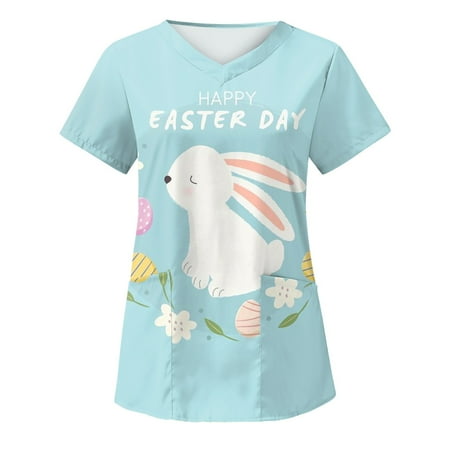 

Women s Easter Scrub Workwear Cute Bunny Short Sleeve Nursing Tops Casual Holiday Scrub T-Shirt with Pockets
