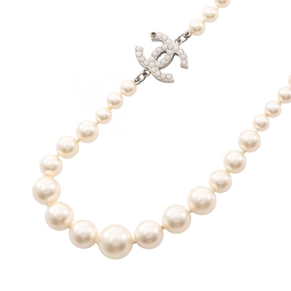 Pre-Owned Chanel Coco Mark Necklace, Gold Plated (GP), Faux Pearl, Women's, White/Gold Tone