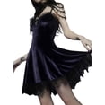 thumbnail image 4 of Nituyy Women Ruffles Spaghetti Strap Dress V-Neck Lace Trim Bowknot Velvet Dress, 4 of 5