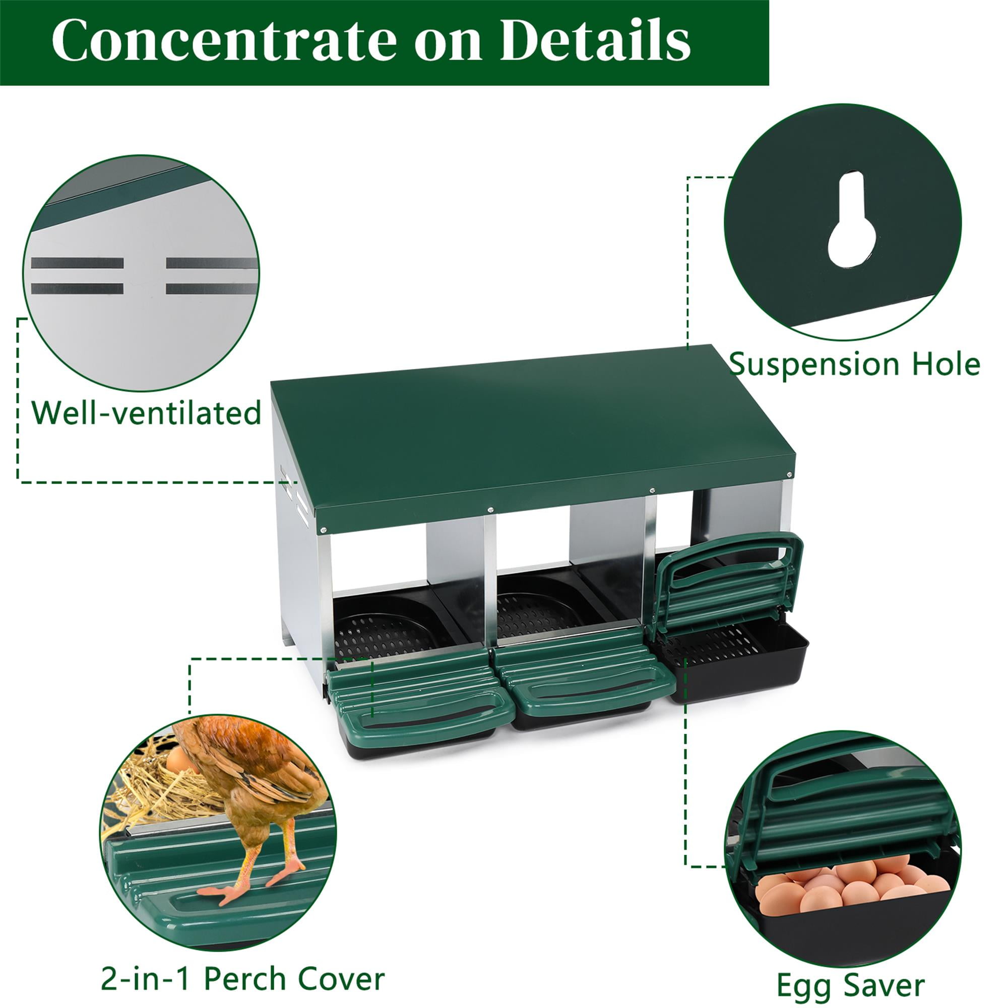 Pefilos Chicken Nesting Box, 3 Compartment Metal Chicken Laying Box with Plastic Basket, Poultry Nest Boxes, Rust Proofed Wall Mount Chicken Coop Boxes, Green