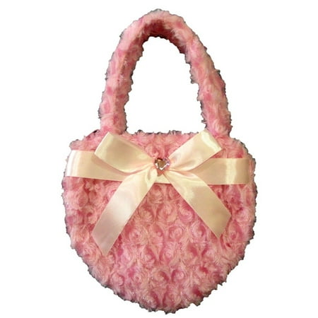 Girls Pink Fuzzy Velvet Sparkle Stone Bow Attached Heart Purse