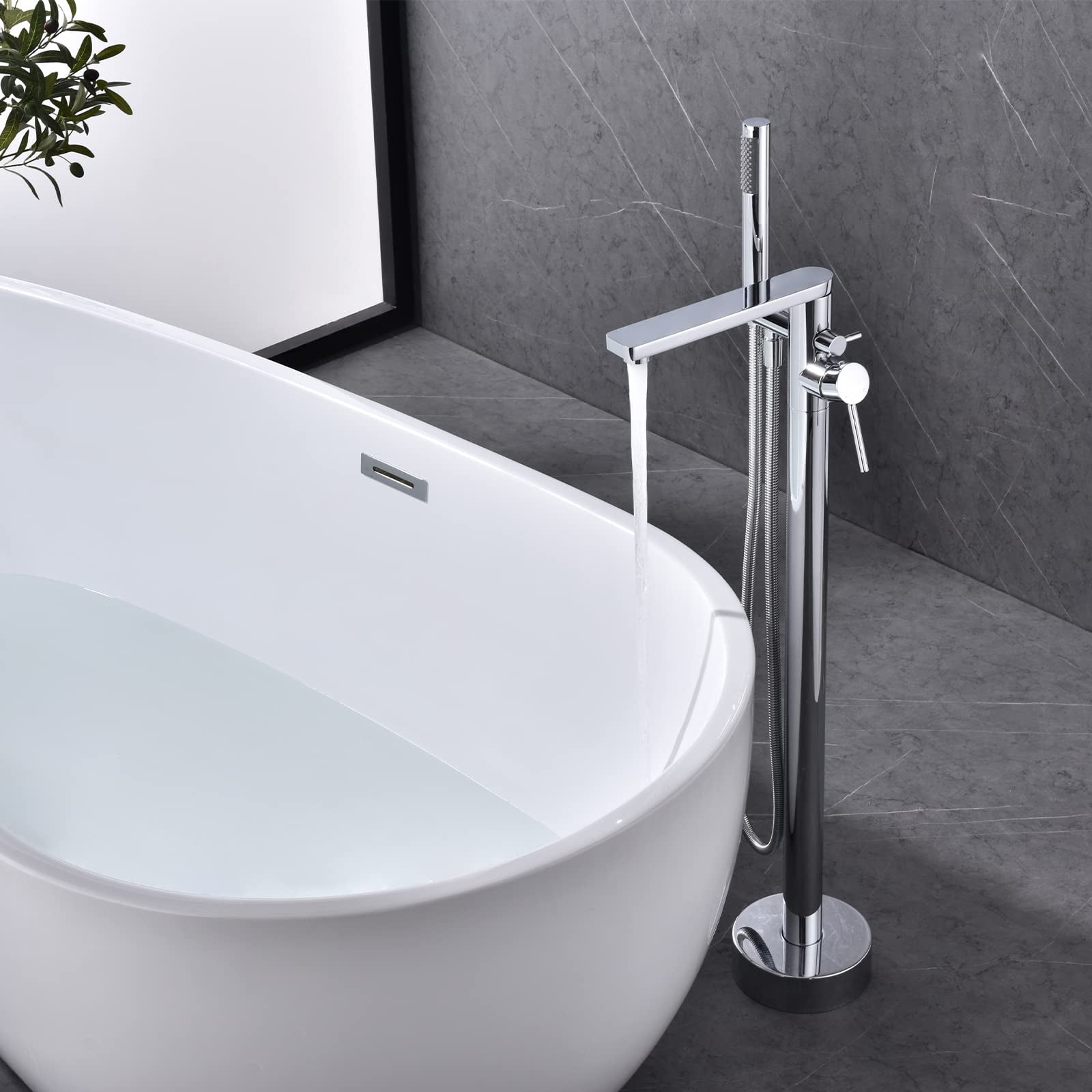 Dawot Freestanding Bathtub Faucet, 2 Function Brass Chrome Tub Filler Chrome Floor Mount Brass, Single Handle Bathroom Faucets with Hand Shower