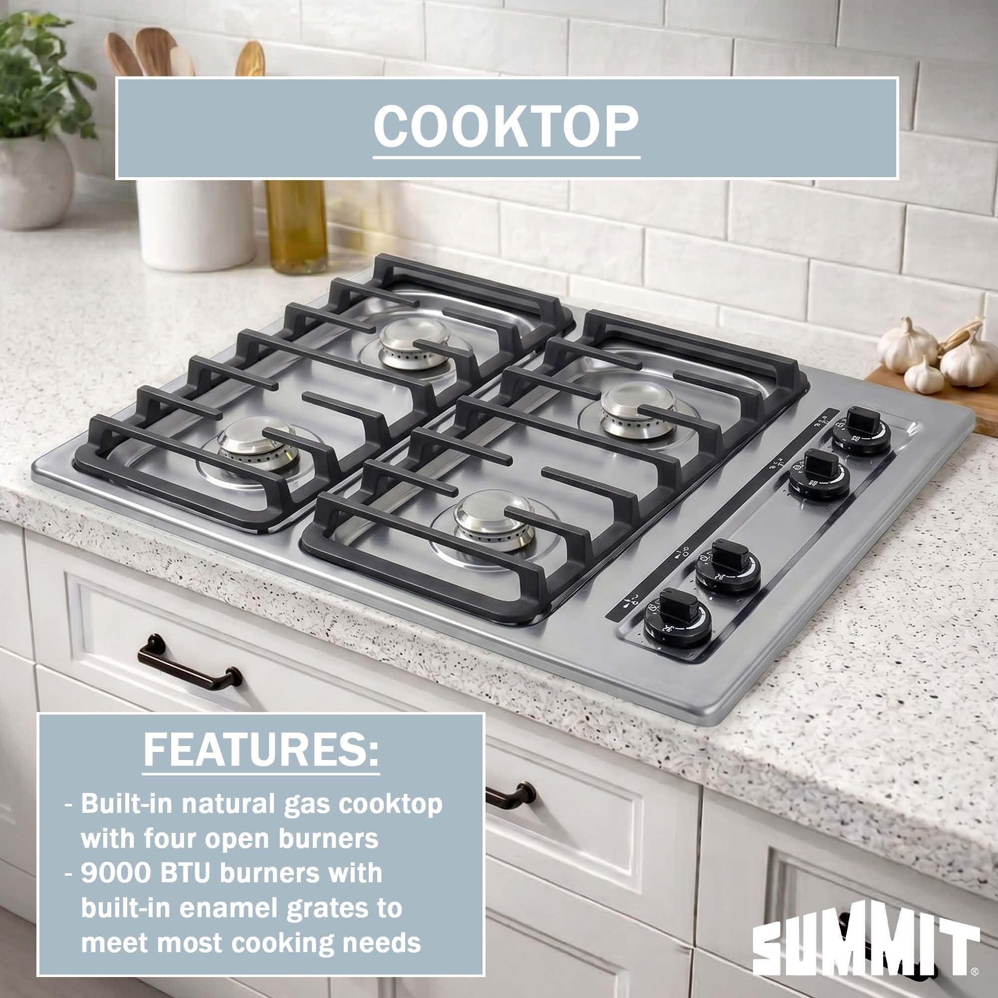 Summit 24 Inch Gas Cooktop, 4 Burners, Electric Ignition, 115V-3 Gas Cooktop, Made in the USA, Stainless Steel - ZNL033I