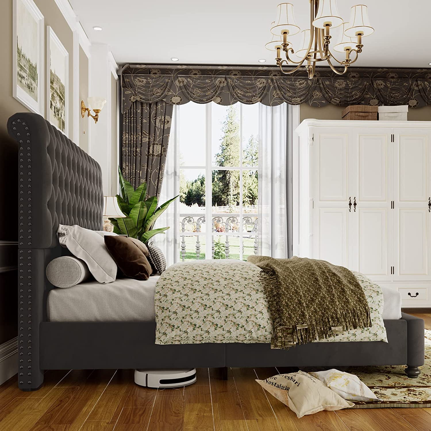 VanAcc Upholstered King Bed Frame with Velvet Tufted and Sleigh Headboard,Gray