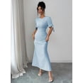thumbnail image 6 of Blue Summer Womens Solid Color Round Neck Petal Sleeve Elegant Maxi Dress, 6 of 7