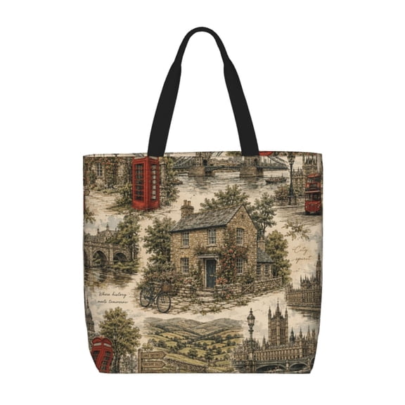 British Cityscape Series Tote Bag Reusable Shoulder Handbag Top Handle Purse for Shopping Work