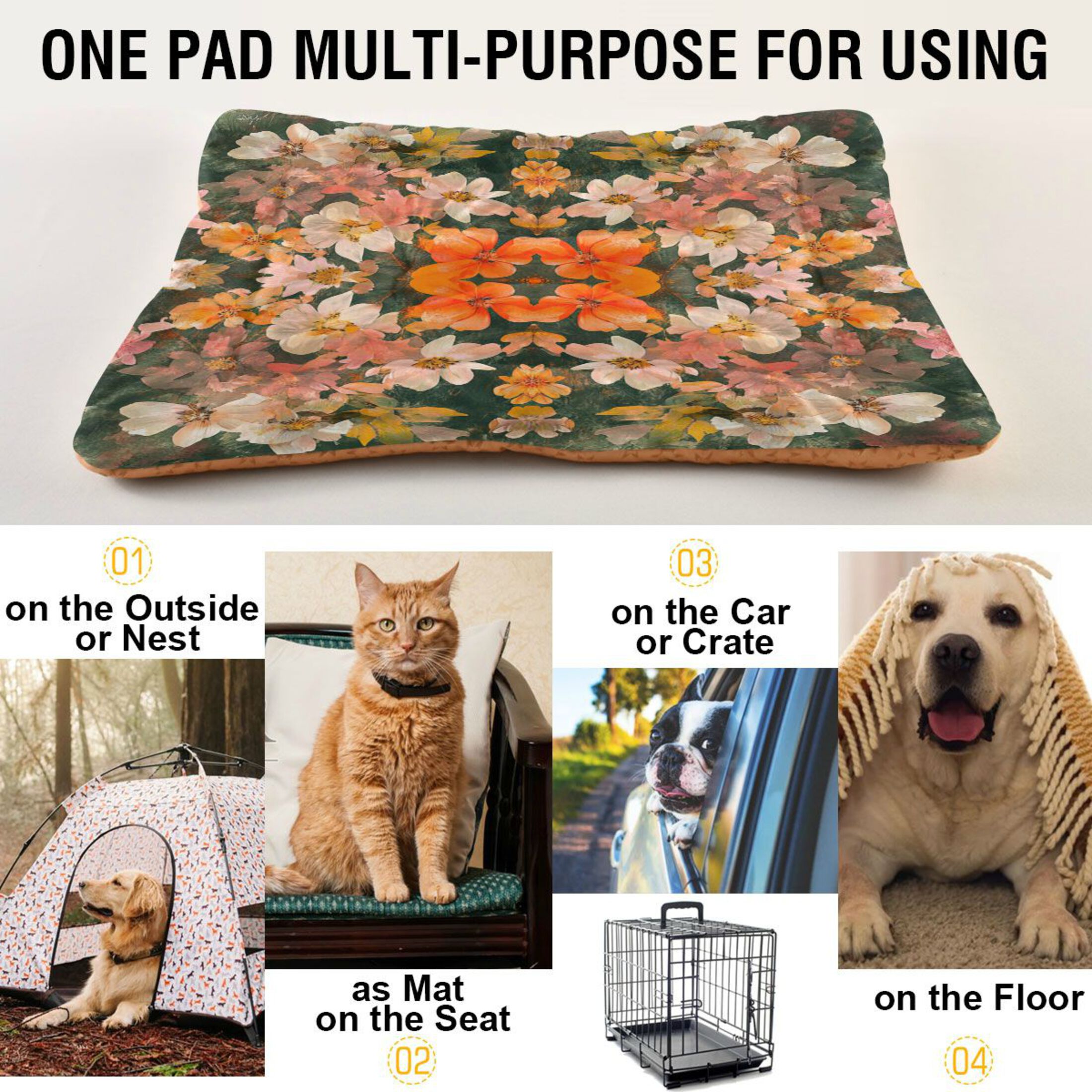 Qxltty Colorful Flower Bushes Ped Pad Wear-resistant and Hard to Bite Through Sleeping Pad for Small Medium Large Dogs Winter Pet Bed 36×24in